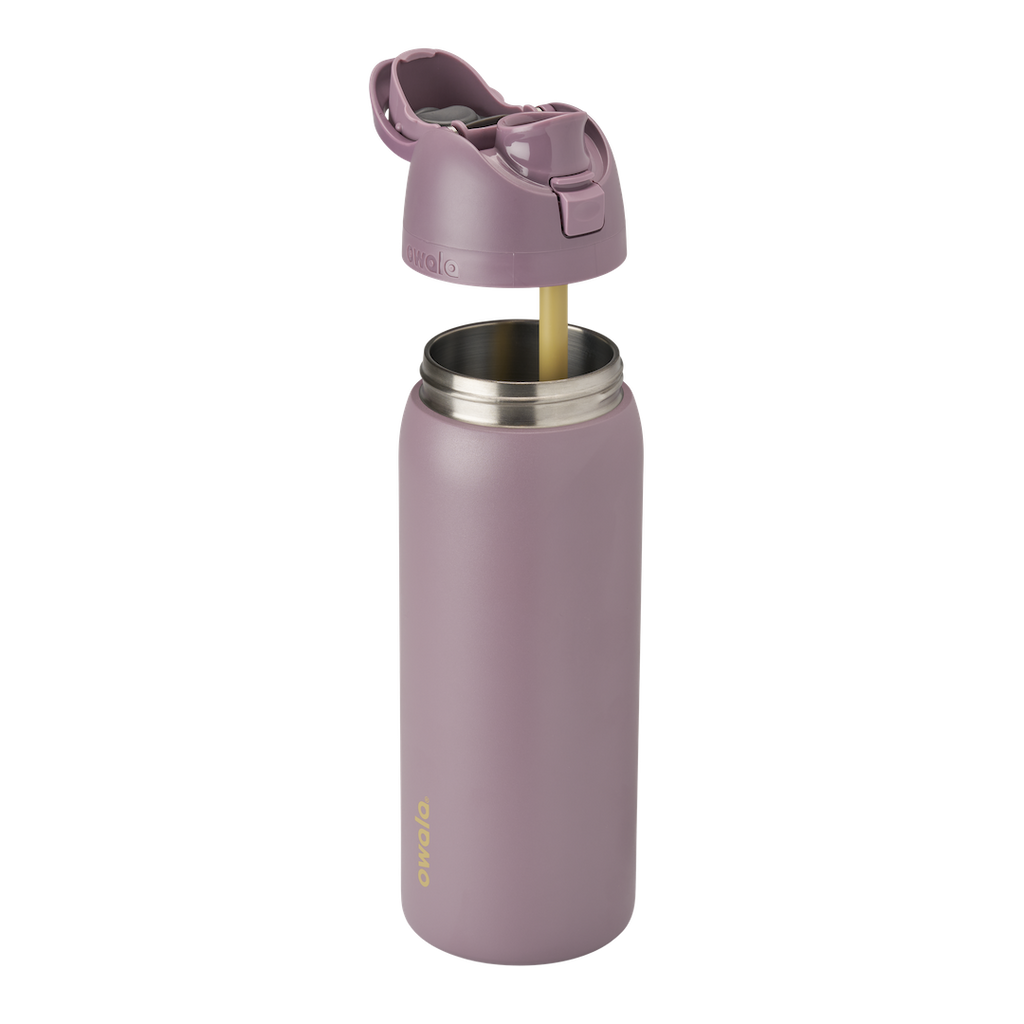 Owala FreeSip 32oz Spring Revival, exploded view showing dusty mauve flip cap lifted above matte mauve insulated stainless steel body, golden straw visible inside